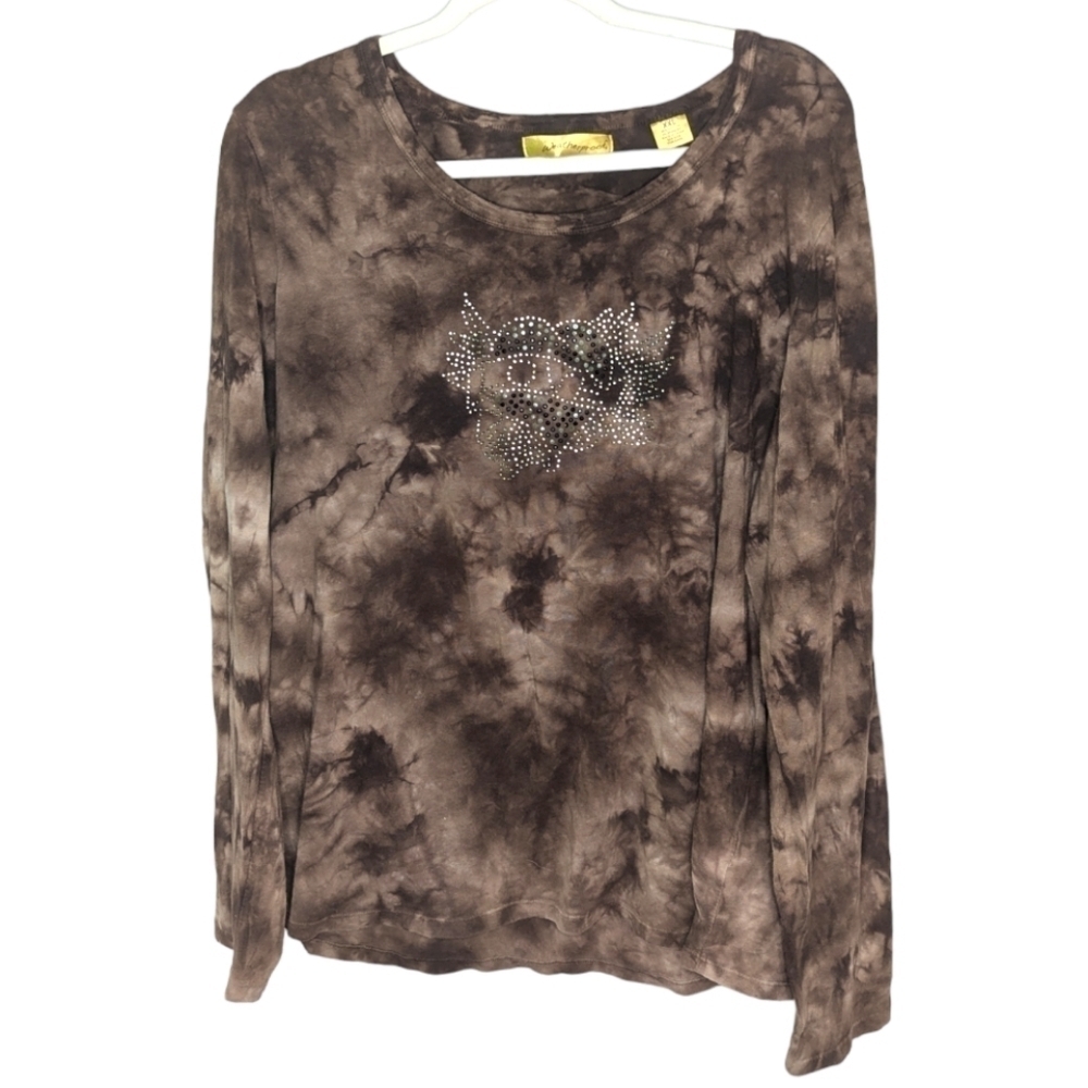 Weatherproof cotton brown black wash toe dye heart sequins long sleeve shirt 2XL